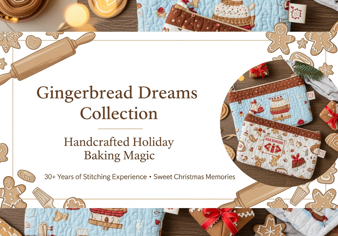 Christmas Zipper Pouch Set – 2 Quilted Bags with Pockets – Gingerbread Baking + Black Ornament – Handmade Gift by Cargo Stitch Co.