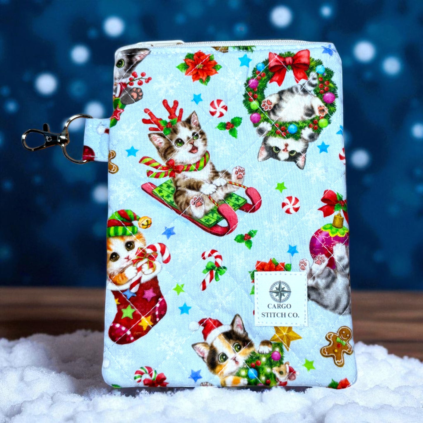 Holiday Cat Zipper Pouch 7×5 • Peppermint Lane Christmas Bag • Quilted Project Bag, Makeup Pouch with Pocket & Clip • Cargo Stitch Co