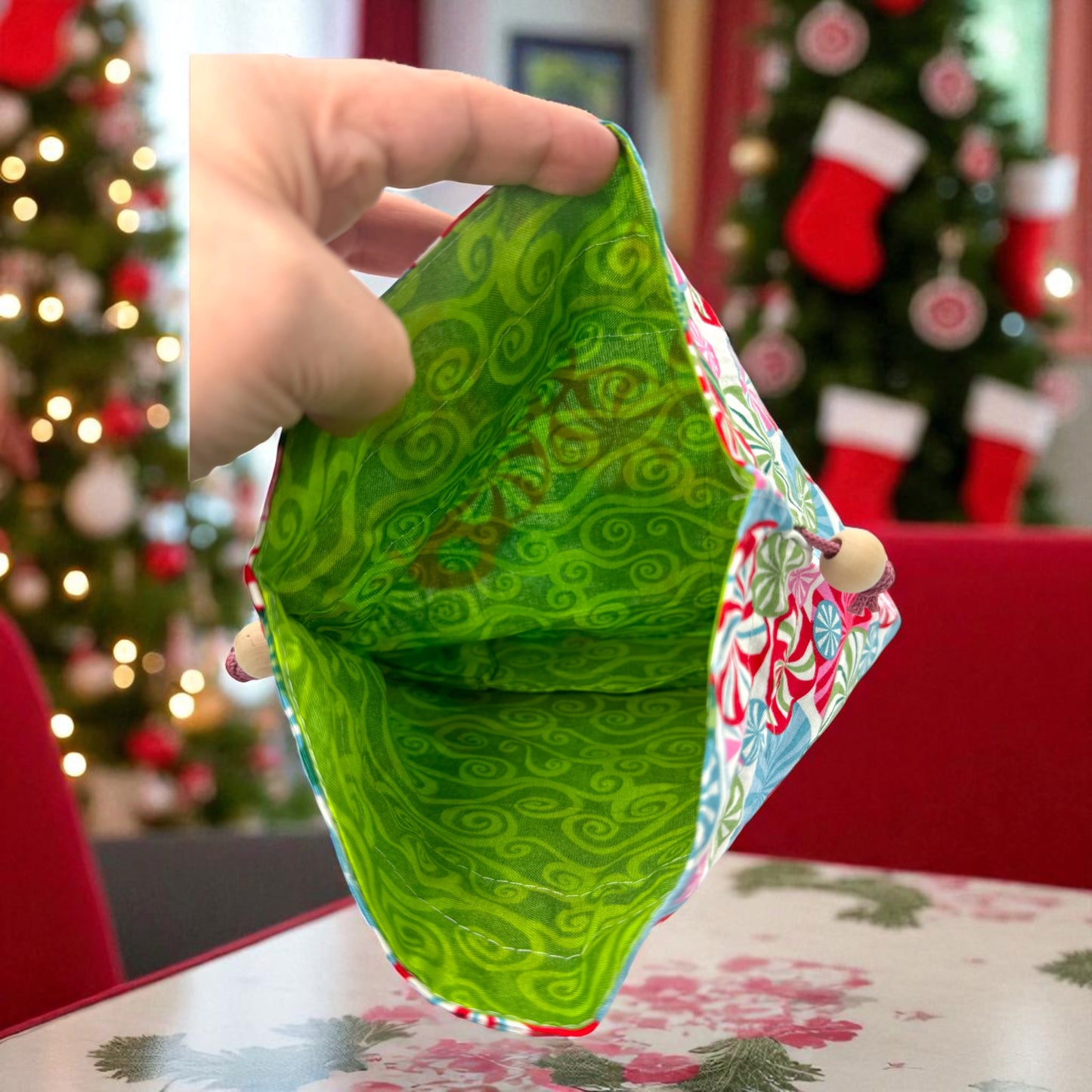 Peppermint Swirl Drawstring Gift Bag – Small Reusable Fabric Bag for Christmas, Stocking Stuffers, Holiday Wrapping