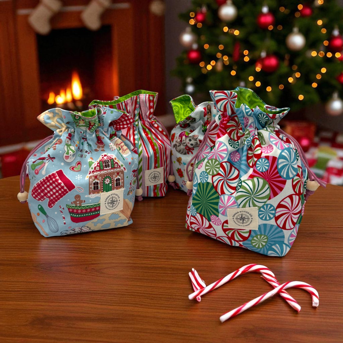 Gingerbread Drawstring Gift Bag – Medium Reusable Fabric Bag for Christmas, Stocking Stuffers, Holiday Wrapping