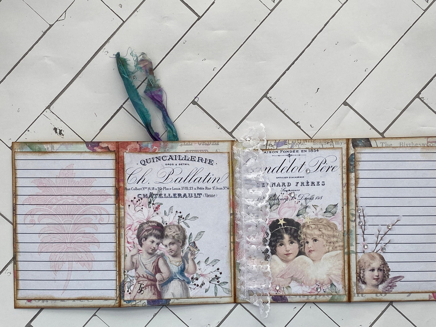 Cherubs & Angels Mini Junk Journal Folio β Vintage Angel Ephemera, Pockets with Journaling Cards, Lace & Sari Silk Embellishments