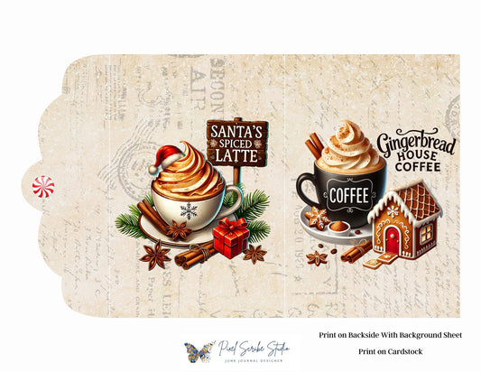 Santa's Latte Printable Folio Gift Card Holder Kit, Cozy Christmas Junk Journal Folio, Tea Bag Holder, Gift Card Pocket, Holiday Ephemera