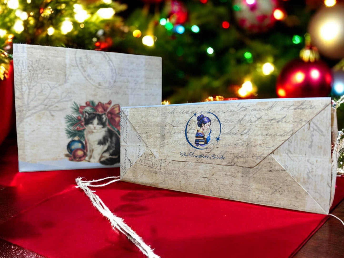 Christmas Cat Gift Bag – 7″ × 6″ Handmade Holiday Favor, Meowy Christmas Bag (Peppermint Lane Collection)