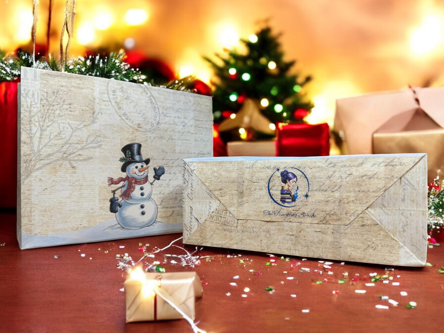 Christmas Snowman Gift Bag – 7″ × 6″ Handmade Bag, Printed Paper Favor, Holiday Gift Wrap, Peppermint Lane Packaging