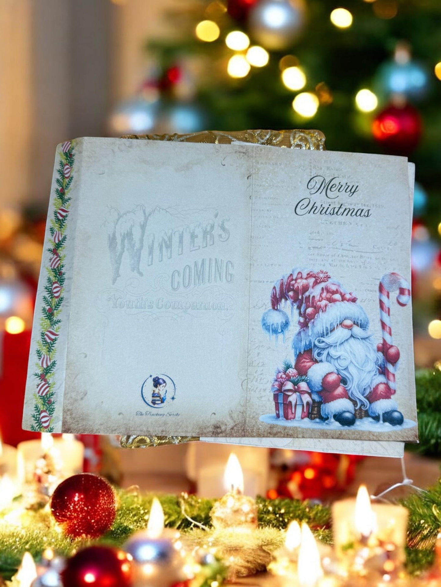 Candy Cane Gnome Gift Card Holder – Christmas Junk Journal Folio with Tags, Cards & Cozy Tea Treat