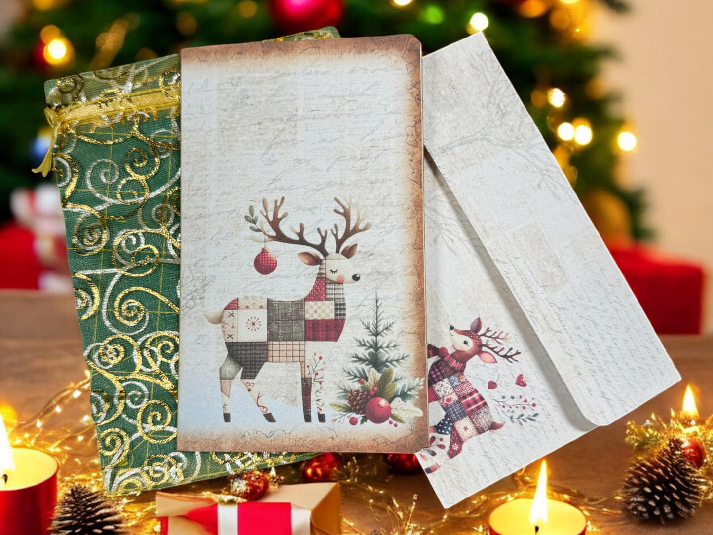 Christmas Patchwork Reindeer Gift Card Holder Set • Holiday Folio with Tags & Journaling Cards