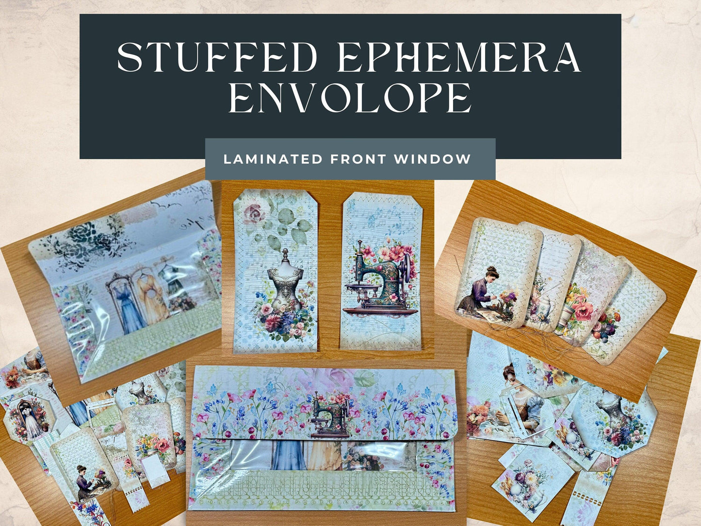 Sewing Ephemera Stuffed Envelope – Shabby Chic Junk Journal Kit – Vintage Tags, Cards, Laminated Window – Paper Craft Pack Gift