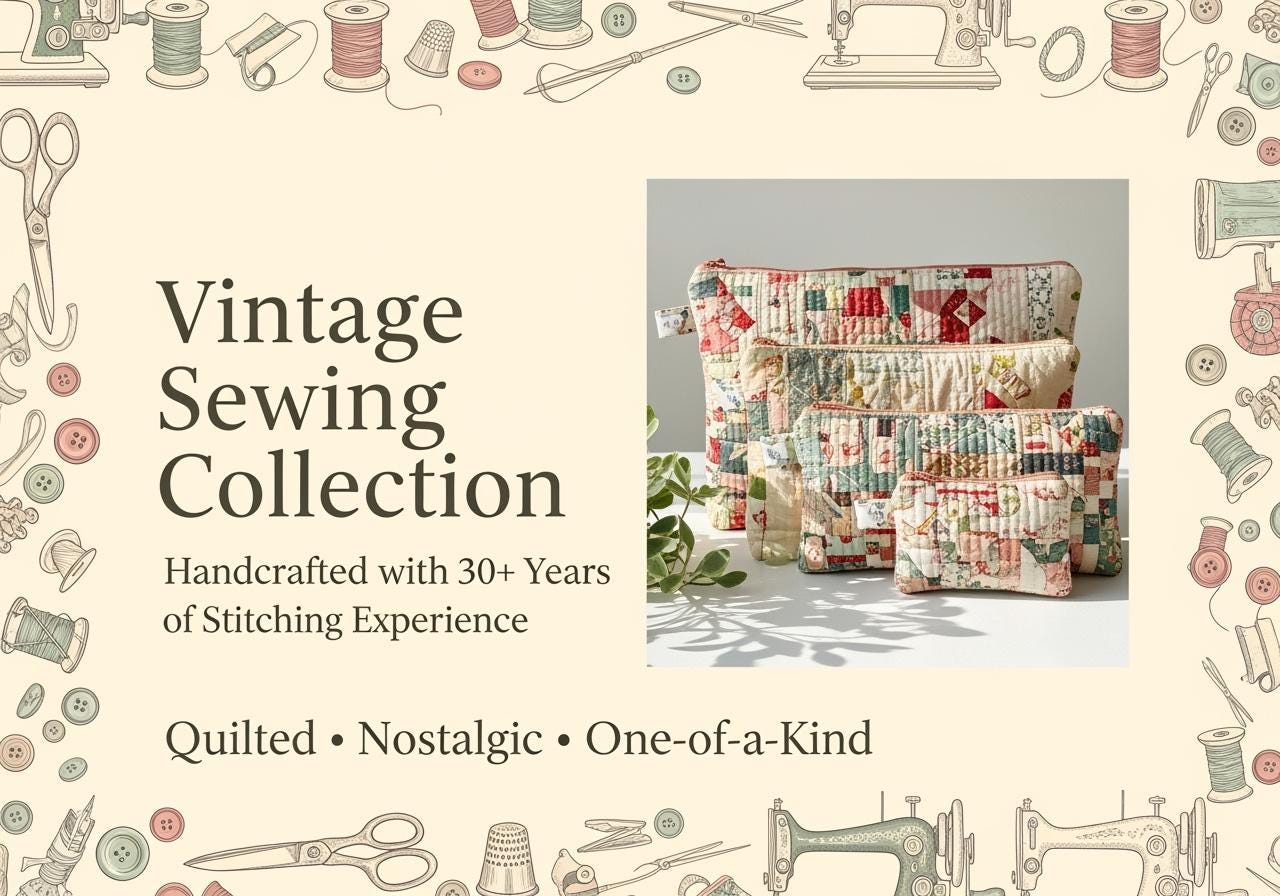 Quilted Vintage Sewing Zipper Pouch | Sewing Notions Organizer | Handmade Craft Room Storage | Gift for Sewist | Nostalgic Sewing