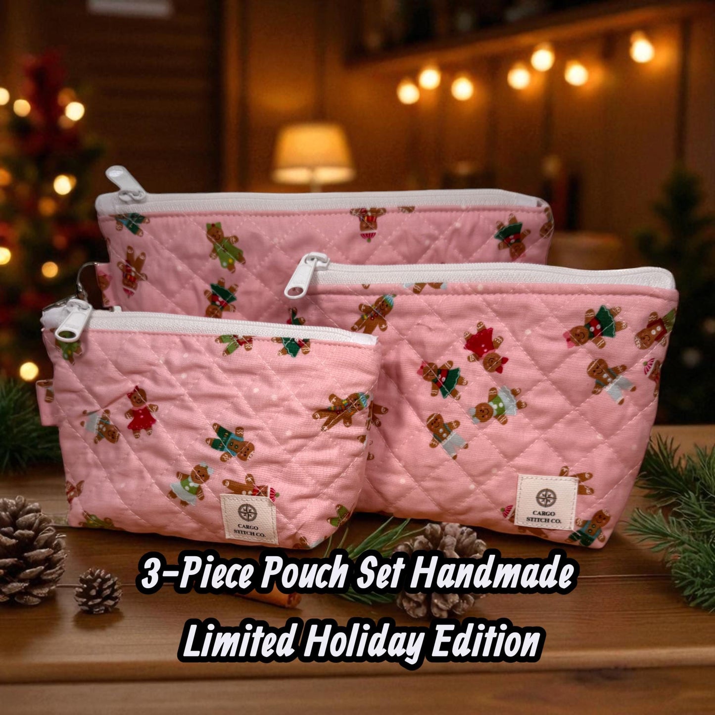 Pink Gingerbread 3-Piece Quilted Pouch Set - Everyday Peppermint Lane | Makeup Bag Bundle | Gift Set