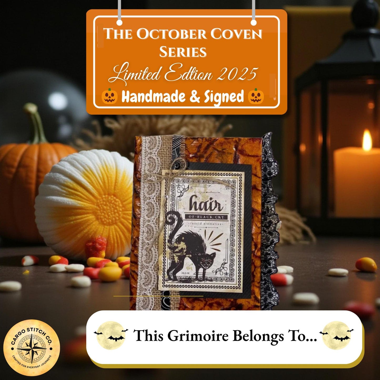 Witchy Cat Junk Journal – Autumn Harvest • Limited Edition Handmade Halloween Grimoire • Black Lace Spine • October Coven Series