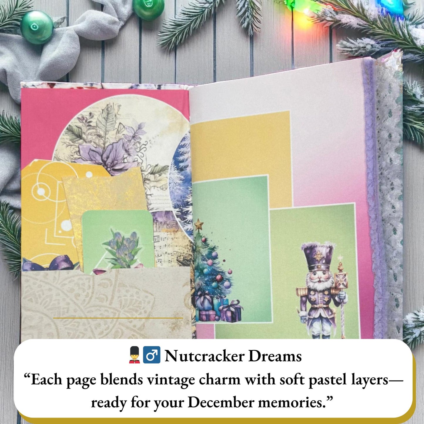 Sugarplum Whispers Holiday Gift Set – Pastel Christmas Junk Journal + Quilted Zipper Pouch – Handmade Christmas Writing Set – Ready to Ship