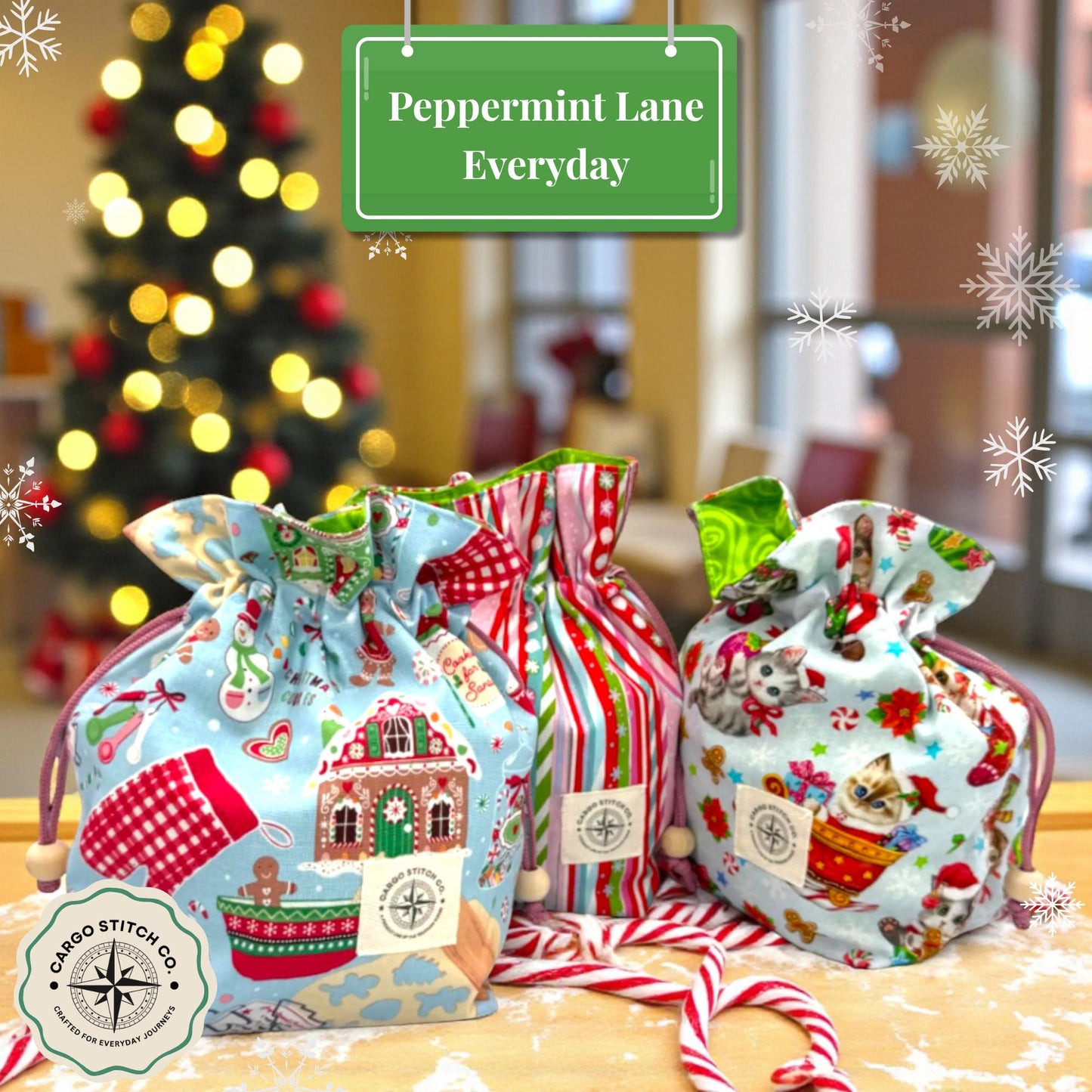 Christmas Gift Bags β Small Quilted Drawstring Bag Set of 3 β Peppermint, Cat, Gingerbread β Reusable Holiday Gift Wrap