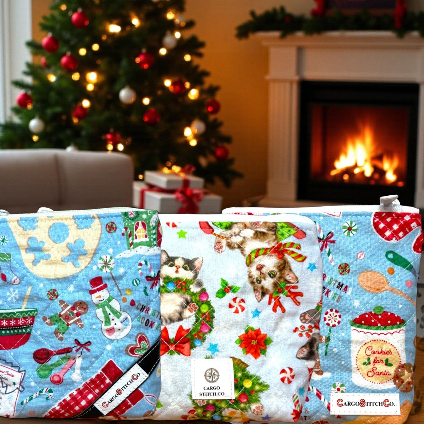 Peppermint Lane Everyday โ Cookies & Cats Quilted Pouch Trio | Handmade Holiday Gift Set | Cargo Stitch Co. Zipper Bags