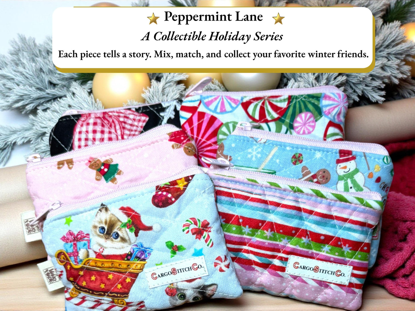 Full Peppermint Lane Everyday quilted pouch set on holiday table with tree lights in background — handmade by Cargo Stitch Co.
