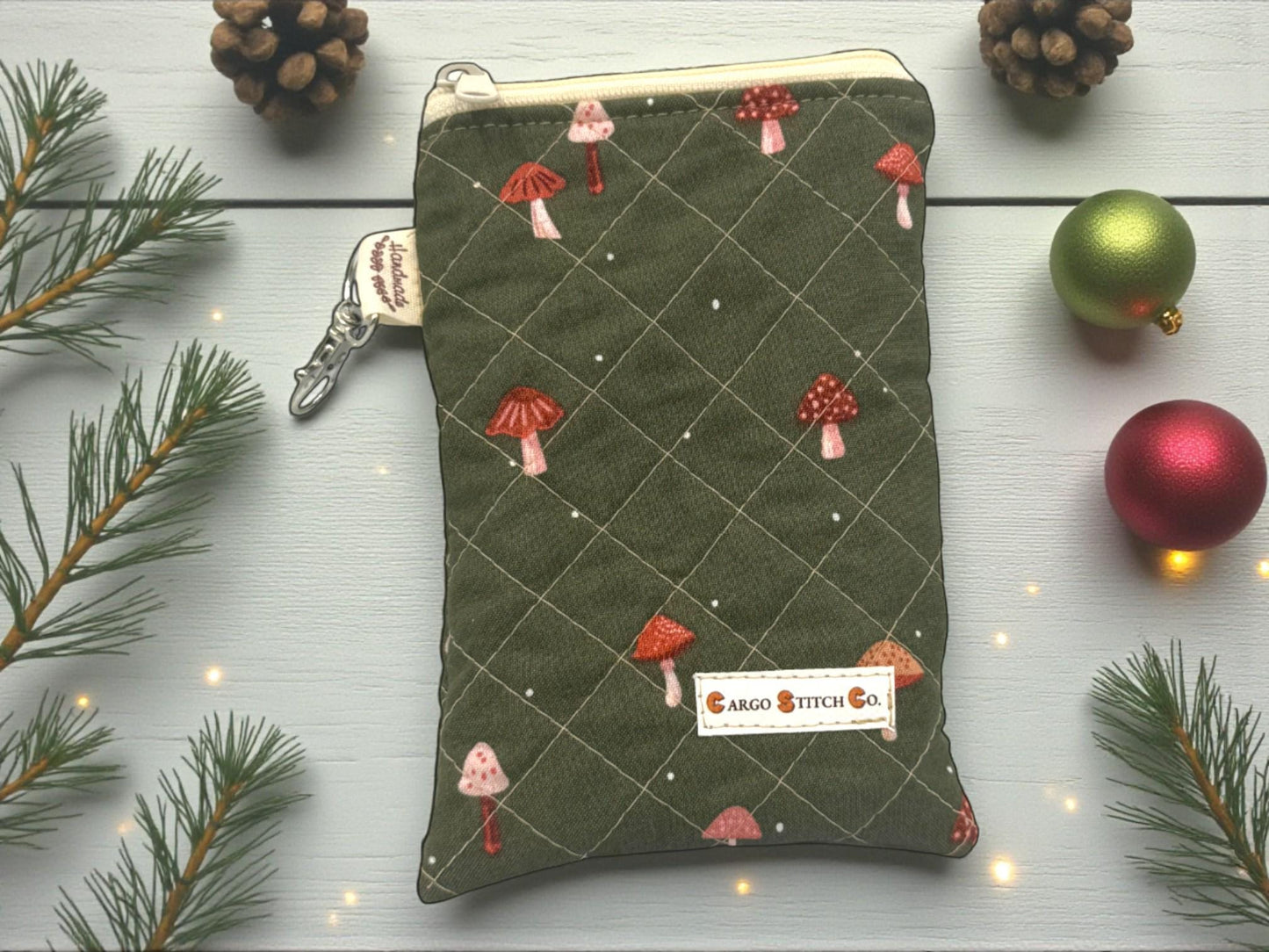 Mushroom Quilted Pouch Set, Cargo Stitch Co Woodland Bags, Handmade Gift, Forest Travel Organizer, Quilted Zipper Bags