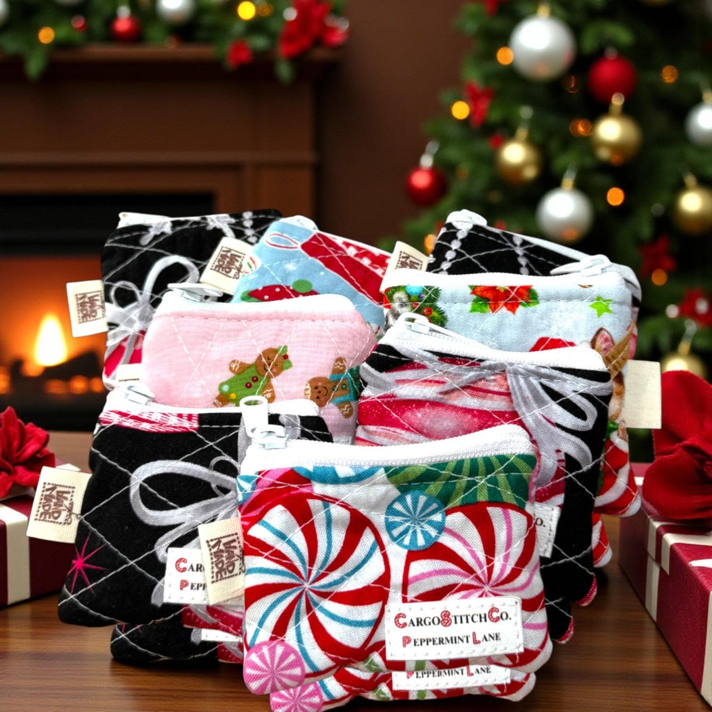 Mini Quilted PouchPeppermint Lane | Mini 3x2 Christmas Coin Purse | Holiday Gift Bag | Handmade Zipper Pouch | Stocking Stuffer