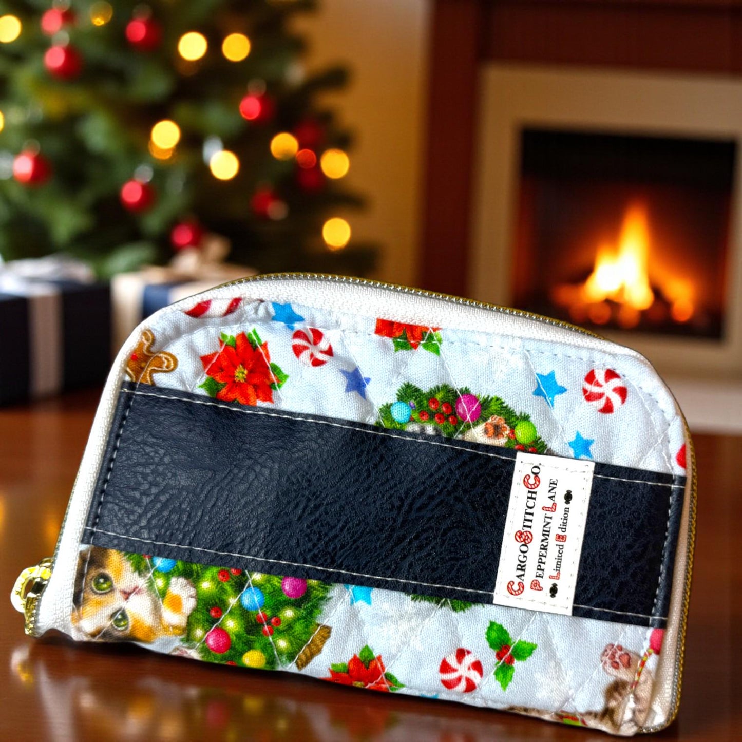 Peppermint Lane Tea Wallet – Maker’s Seconds | Cargo Stitch Co. | Holiday Cat Print | Handmade “Perfectly Imperfect” Sale