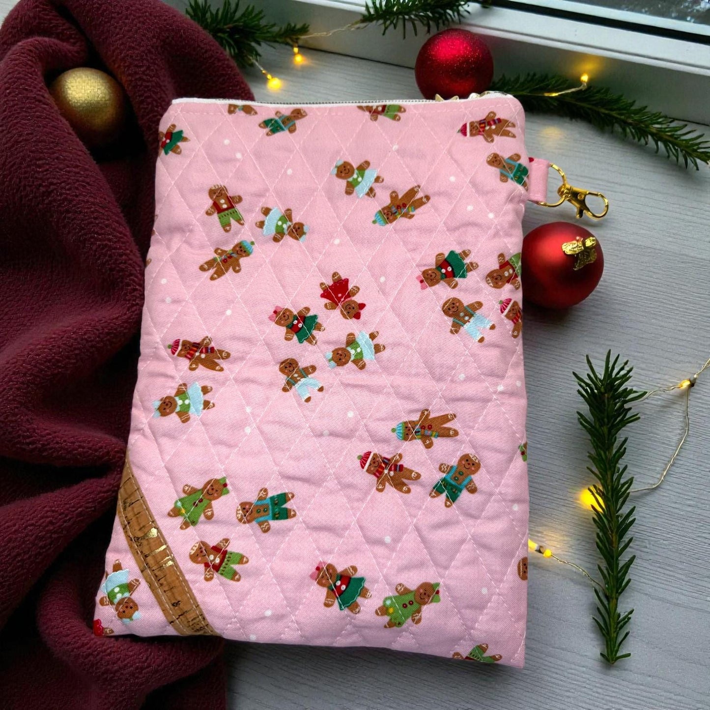 Pink Gingerbread Kindle Sleeve – 7x10 Quilted iPad Mini Case – Gold Zipper – Interior Pocket – Padded Tablet Cover
