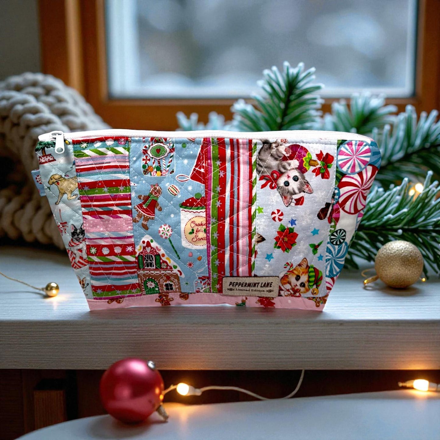 Large Quilted Patchwork Pouch 12×8 – Peppermint Lane – Holiday Bag with Inside Pocket & Swivel Hook – Knitting And Crochet Project Bag