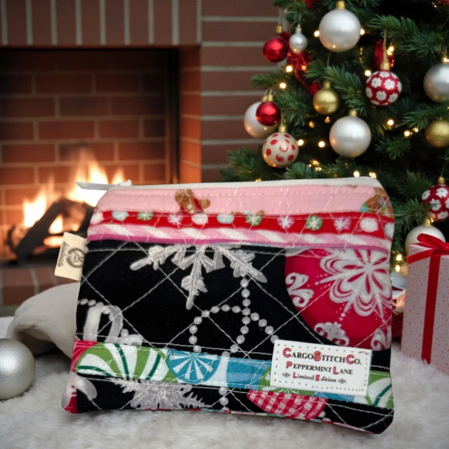 Mini Quilted Pouch – Peppermint Lane 5x4 Patchwork Holiday Coin Purse, Cash Wallet, Card Holder – Limited Edition