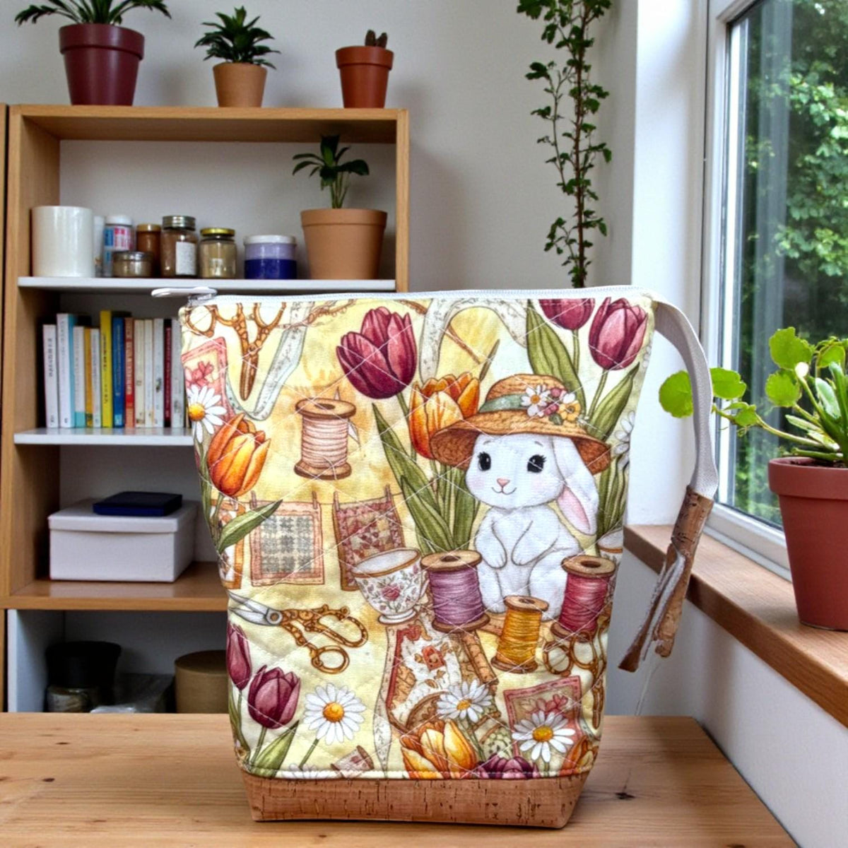 Blossom Bunny Quilted Project Bag, Large Sewing Notions Pouch, Maker Bag with Cork Base, Handmade Craft Organizer