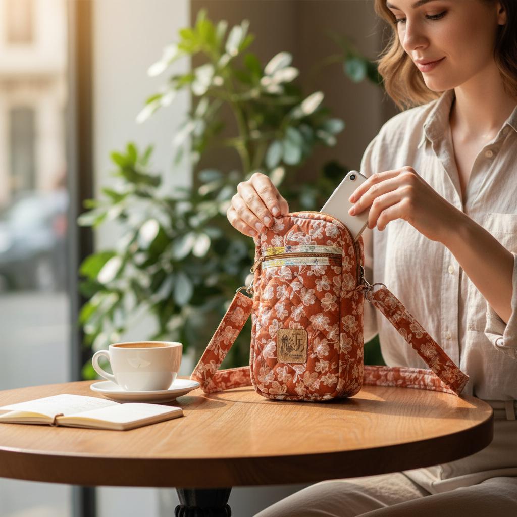 Clementine’s Cozy Crossbody Bag, Quilted Small Purse, Orange Floral Quick Haul, Peppermint Lane