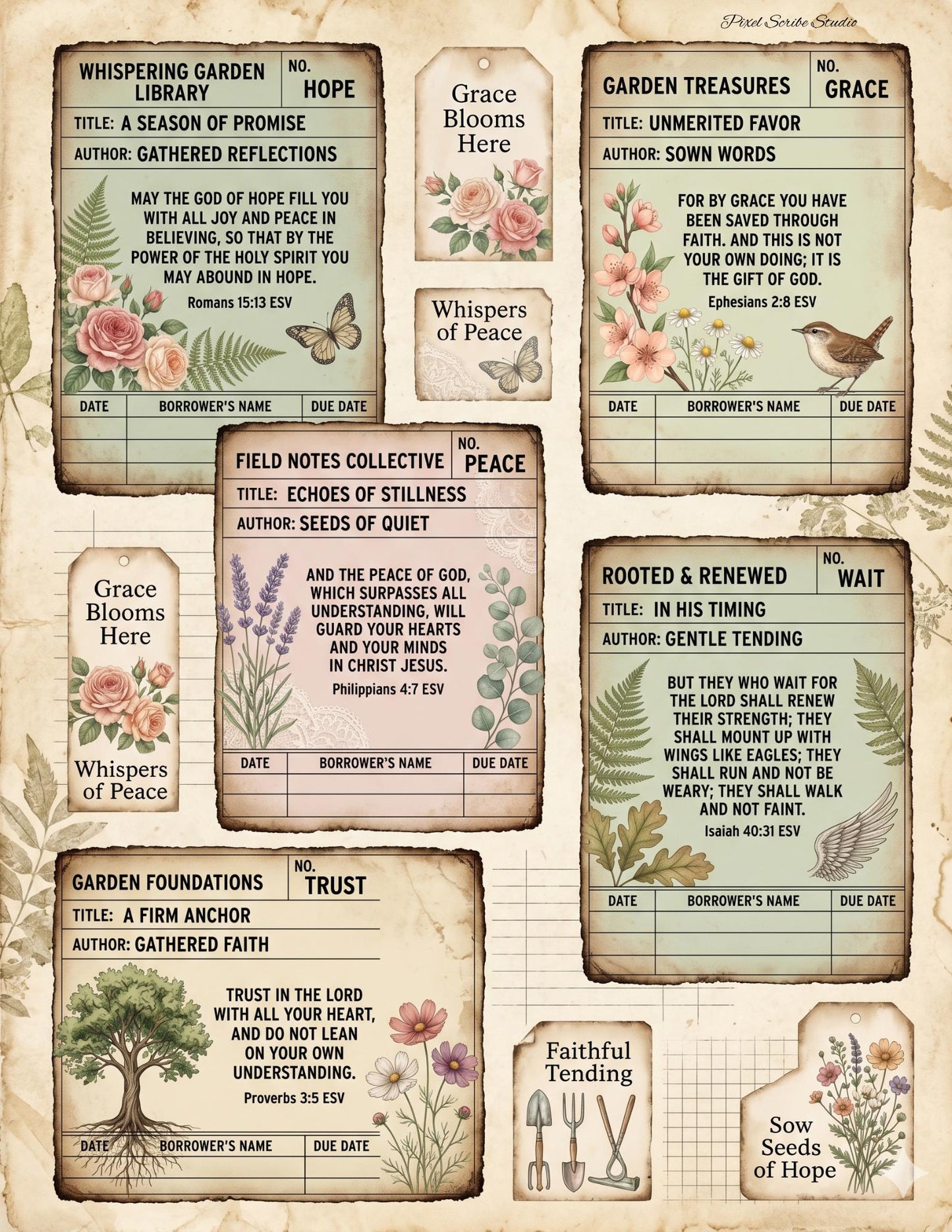 Botanical Field Notes – Ephemera Collection (100+ Pieces) | Printable Bible Journal Elements | Vintage Floral Tags, Pockets & Cards