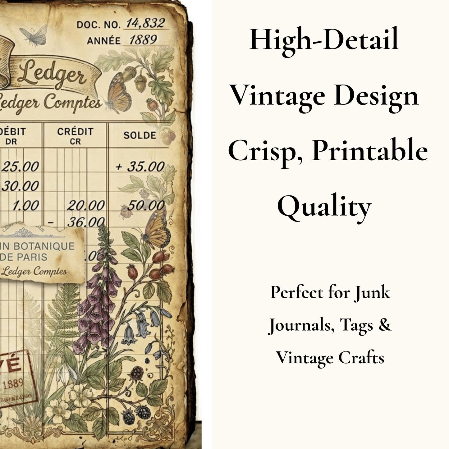 Vintage Botanical Bird Journal Pages Printable | Robin Blue Tit Nature Ephemera | Bee Butterfly Ledger Pages | Digital Download