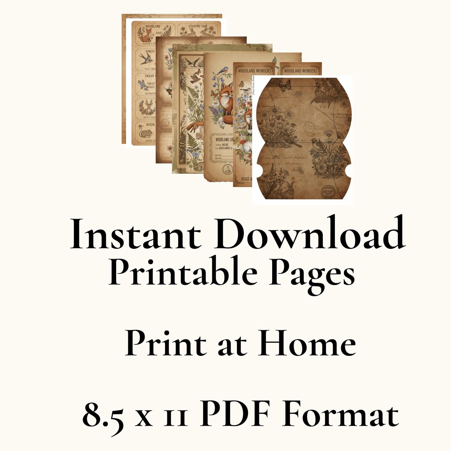 Woodland Archives Printable Ephemera Kit | Vintage Forest Junk Journal Bundle | Woodland Animals Tags Tickets Cards Bookmarks Pillow Box