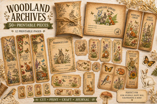 Woodland Archives Printable Ephemera Kit | Vintage Forest Junk Journal Bundle | Woodland Animals Tags Tickets Cards Bookmarks Pillow Box