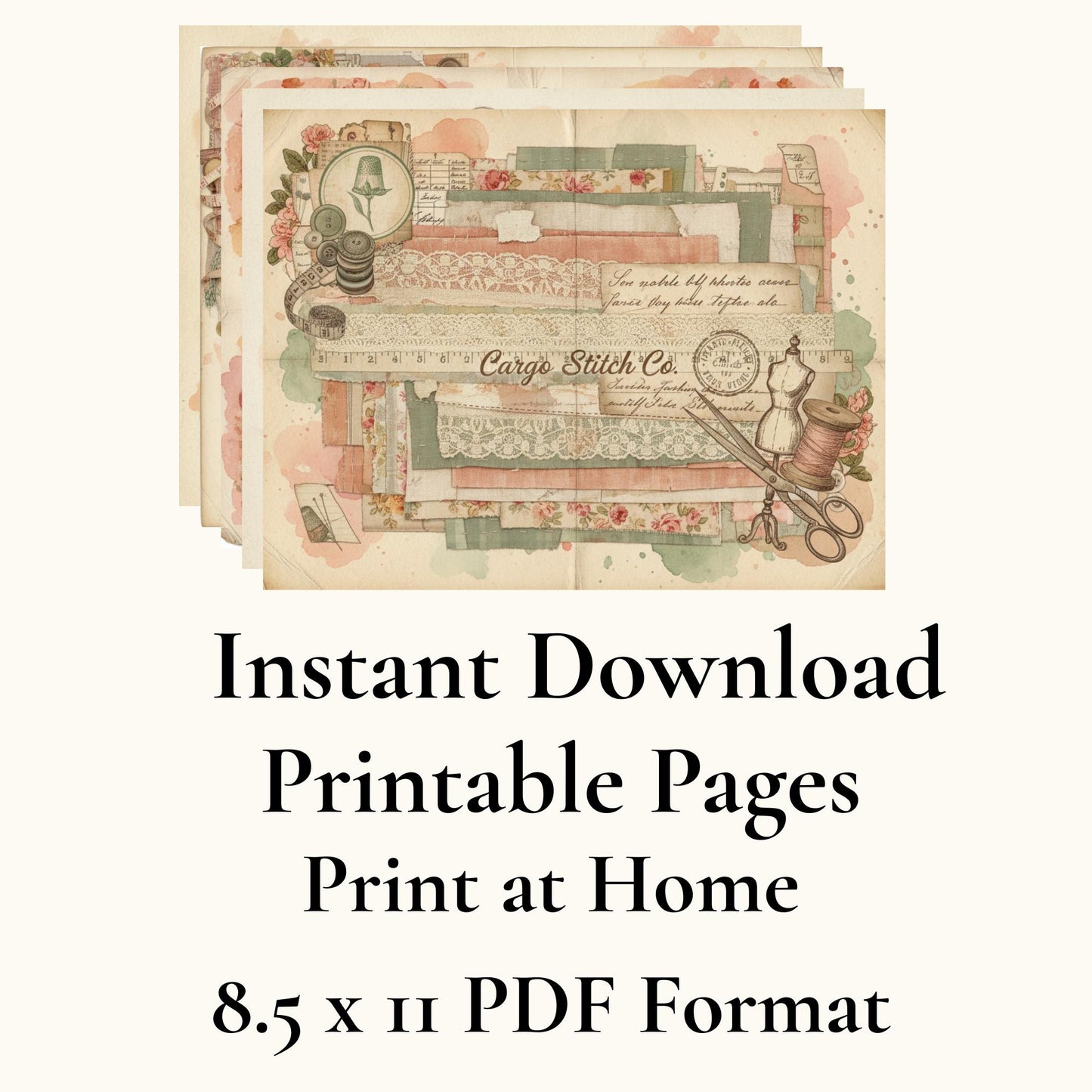 Peach & Lace Vintage Sewing Journal Pages | Romantic Junk Journal Printable Kit | Soft Botanical Collage Papers | Shabby Chic Ephemera Pages