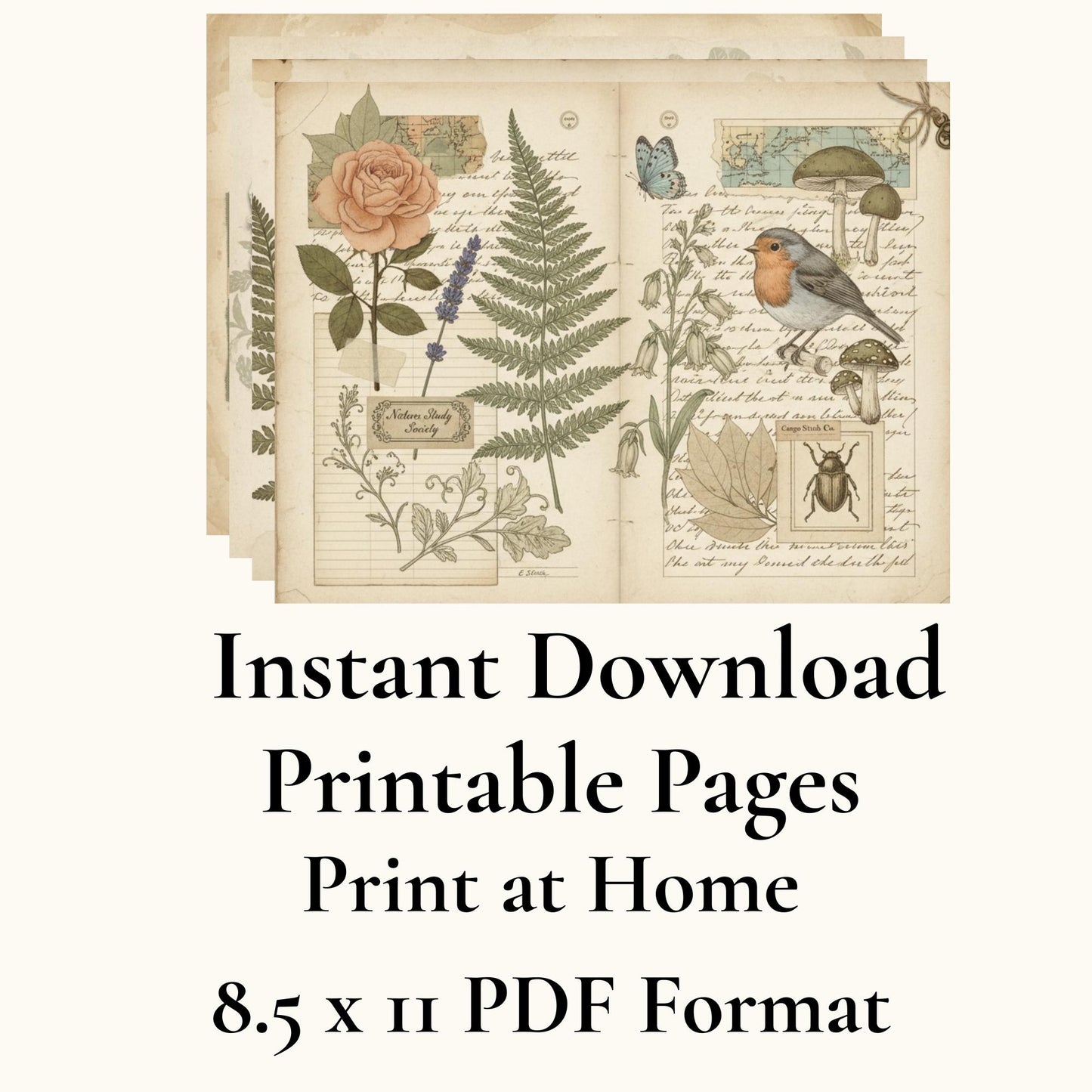 Nature Study Society Journal Kit | 13 Printable Nature Journal Pages | Birds, Butterflies, Ferns & Mushroom Field Notes