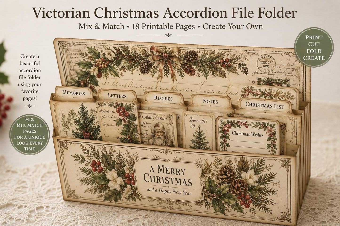 Victorian Christmas Accordion File Folder | 18 Printable Pages | Mix & Match Junk Journal Kit | Holiday Ephemera | Vintage Christmas Prints