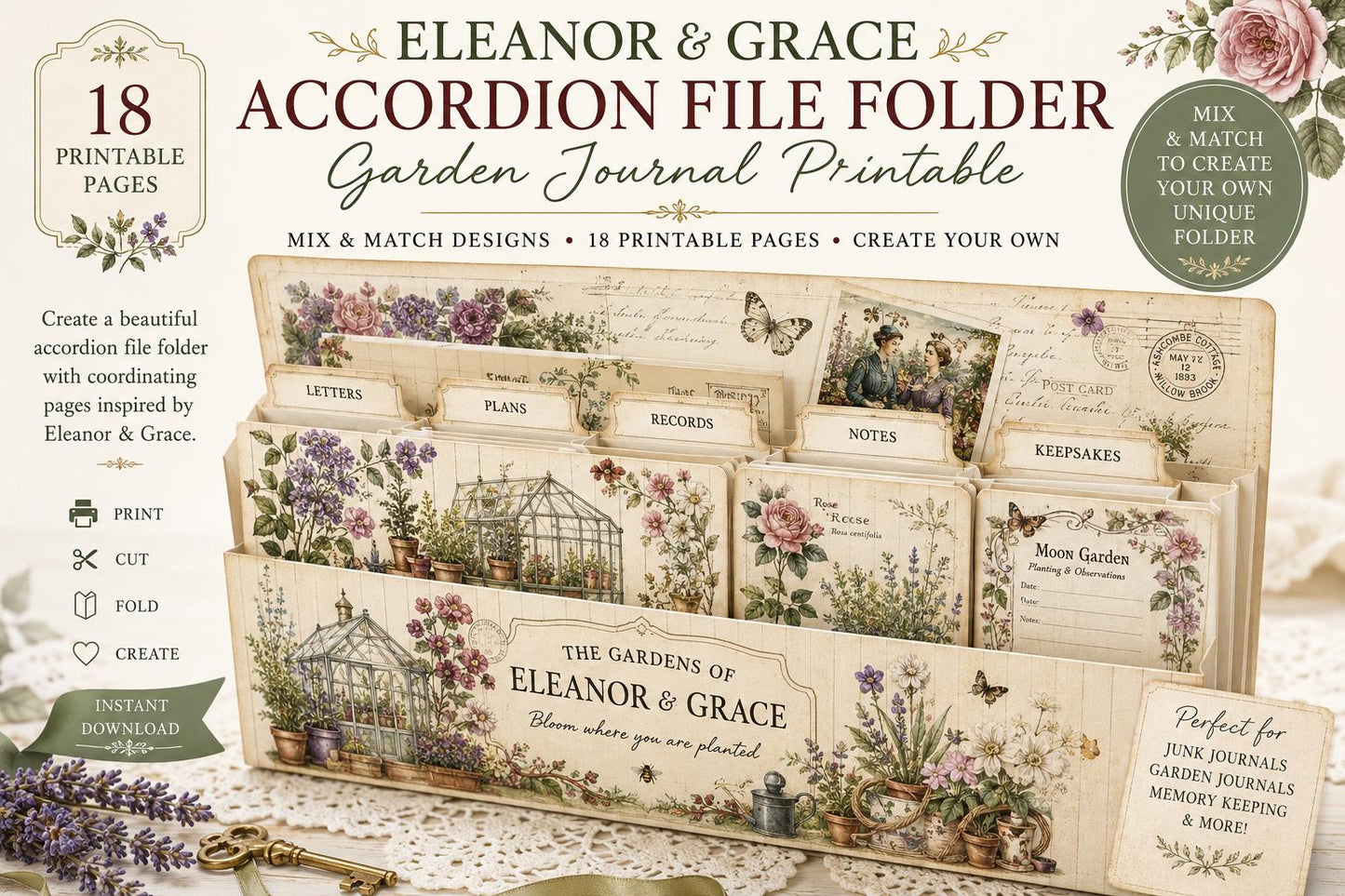 Eleanor & Grace Accordion File Folder | Garden Journal Printable | 18 Page Digital Kit | Junk Journal | Instant Download