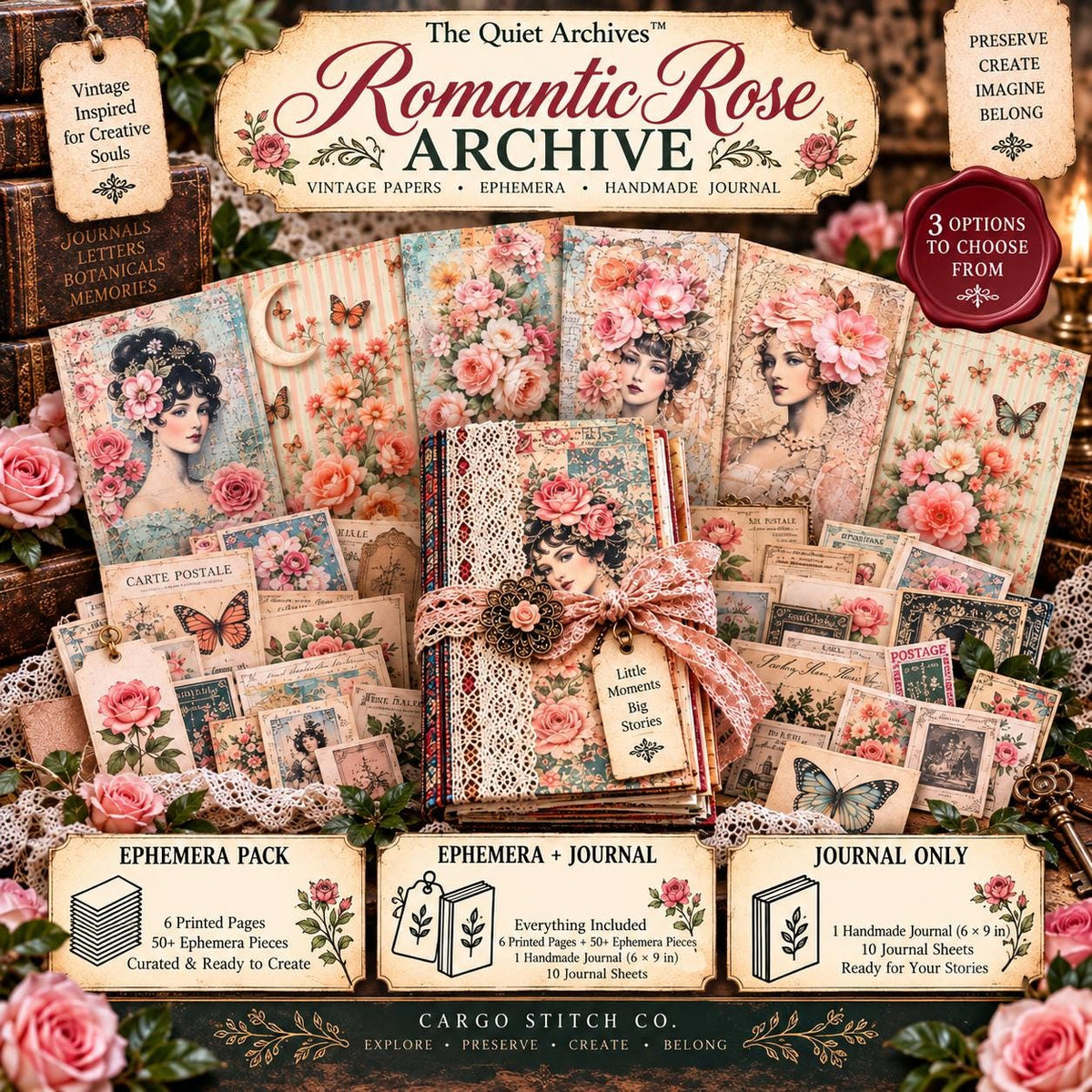 Romantic Rose Archive Junk Journal Ephemera Bundle | Vintage Floral Paper Pack | Victorian Ladies | Handmade Journal Kit