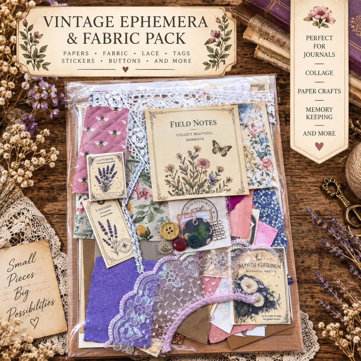 Violet Fairy Expandable Junk Journal | Handmade Fairy Journal | 114 Pages | Fabric Spine | Ephemera & Fabric Bundle
