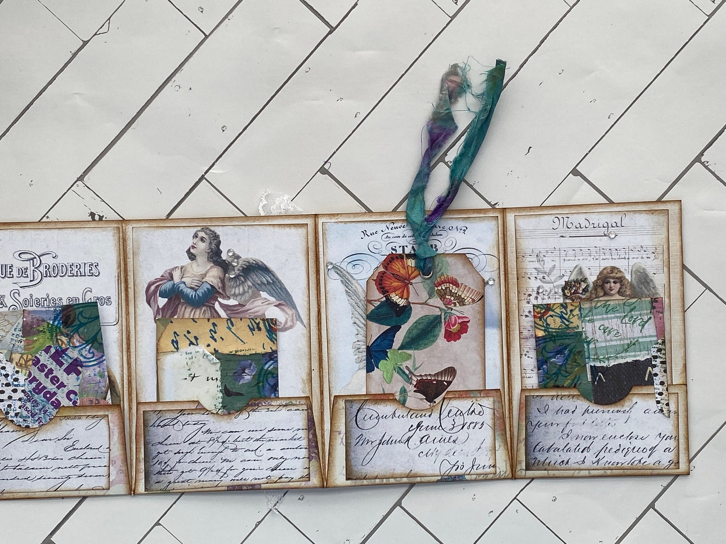 Cherubs & Angels Mini Junk Journal Folio – Vintage Angel Ephemera, Pockets with Journaling Cards, Lace & Sari Silk Embellishments