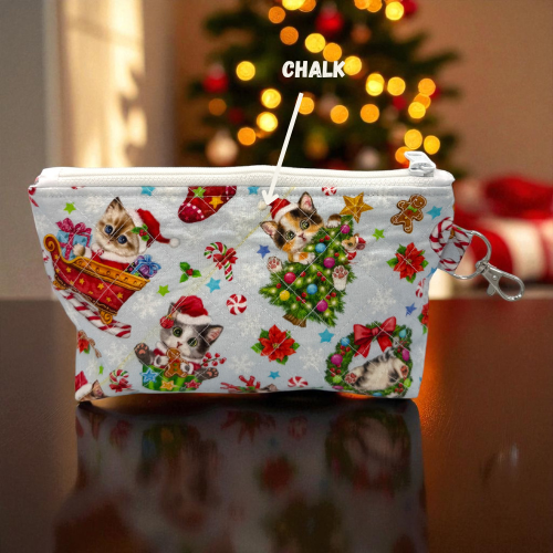 Maker’s Pouch Duo – Holiday Cat Parade Quilted Zipper Bag Set (With Yellow Chalk Marks)