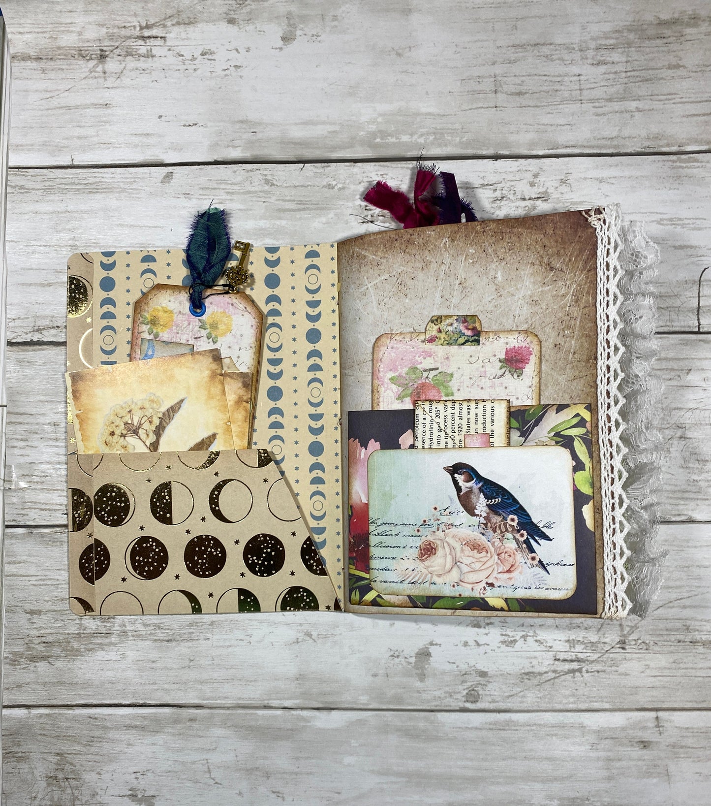 Grungy Photo Time Junk Journal | B6 Scrapbook Planner | Handmade Lace Trim Writing Notebook | Pockets, Tags & Journaling Cards