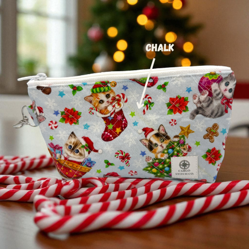 Maker’s Pouch Duo – Holiday Cat Parade Quilted Zipper Bag Set (With Yellow Chalk Marks)