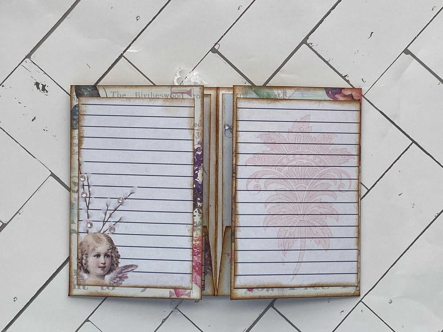 Cherubs & Angels Mini Junk Journal Folio – Vintage Angel Ephemera, Pockets with Journaling Cards, Lace & Sari Silk Embellishments