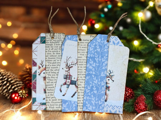 Double Pocket Junk Journal Tags with Reindeer Journaling Cards | Vintage Christmas Ephemera Set | Rustic Holiday Journal Kit