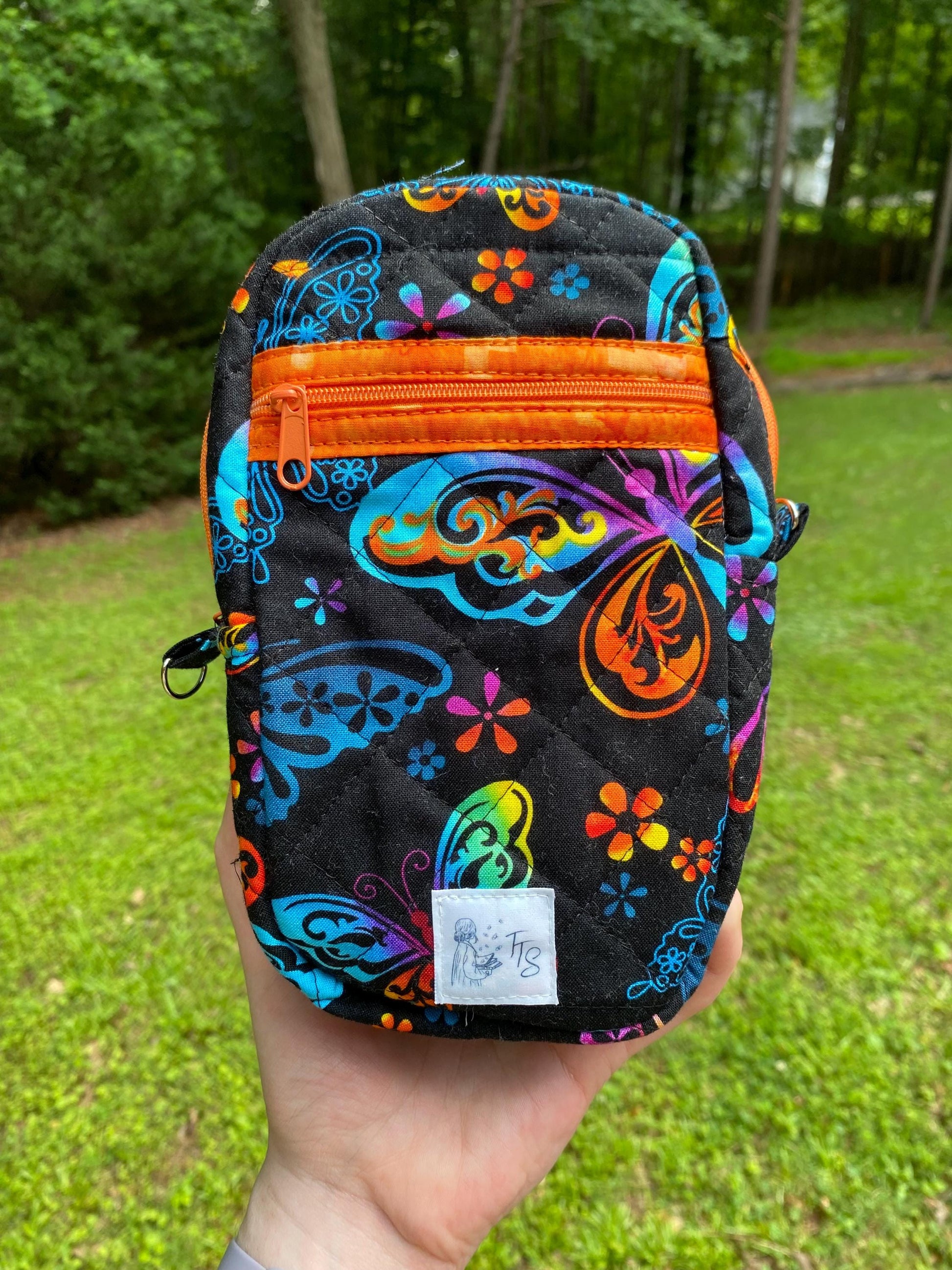 Handmade Butterfly Purse – Small Black Crossbody Bag with Adjustable Strap and Orange Coin Pouch, Cargo Stitch Collection