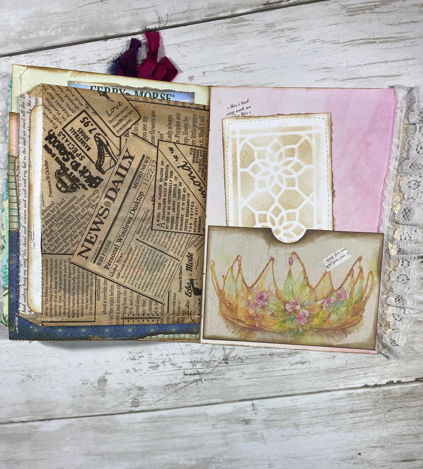 Grungy Photo Time Junk Journal | B6 Scrapbook Planner | Handmade Lace Trim Writing Notebook | Pockets, Tags & Journaling Cards