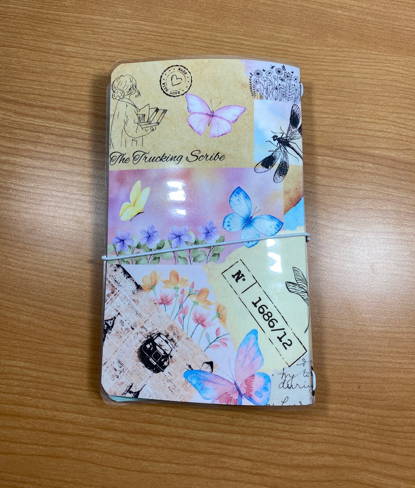Pastel Collaged Butterfly Travelers Notebook Cover,Laminated Flowers Book Cover, Refillable,  Junk Journal, Gift for Her, Free Shipping