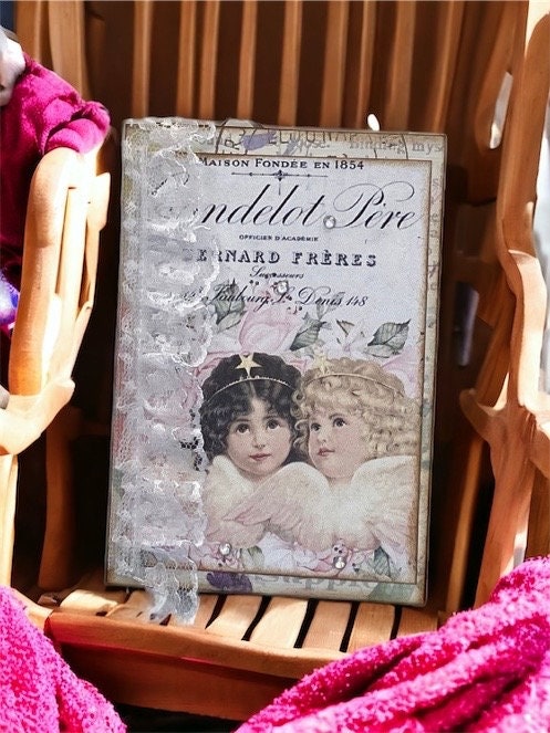 Cherubs & Angels Mini Junk Journal Folio – Vintage Angel Ephemera, Pockets with Journaling Cards, Lace & Sari Silk Embellishments
