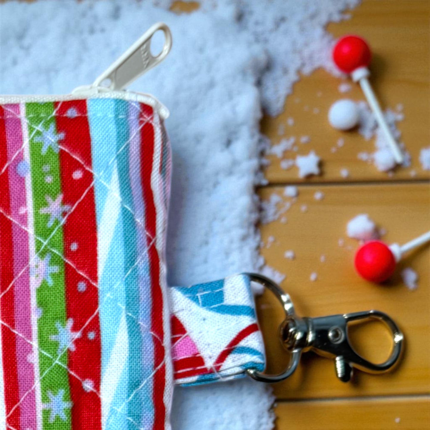 Christmas Pouch 3-Pack • Peppermint Lane Quilted Bag Bundle • Cat, Candy Cane, and Gingerbread Zipper Pouches with Pocket & Clip • Cargo Stitch Co