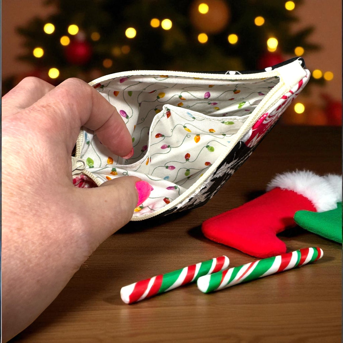 Black Quilted Zipper Pouch – Peppermint Lane 2025 | Holiday Glam Everyday Carry Bag | Cargo Stitch Co. | Handmade Gift or Purse Organizer