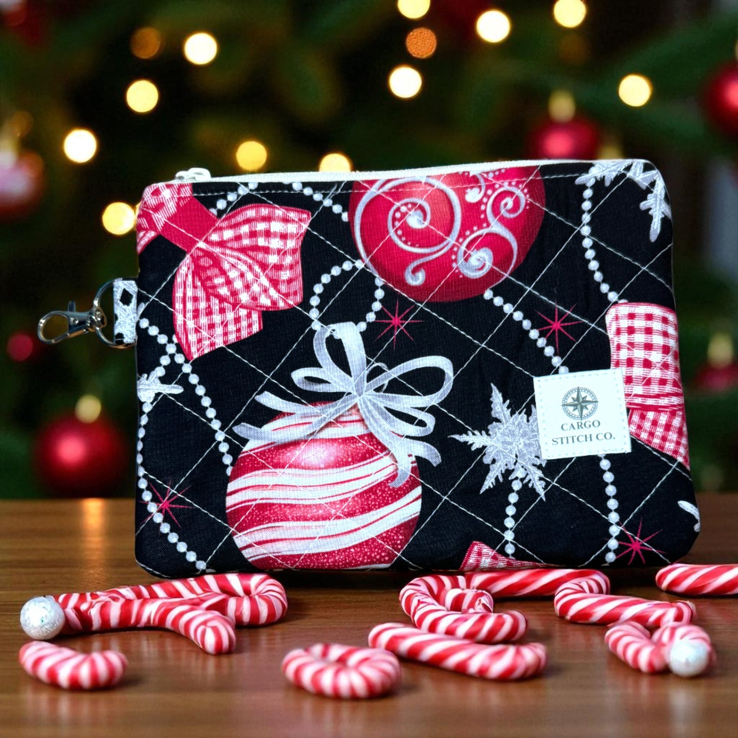Black Quilted Zipper Pouch – Peppermint Lane 2025 | Holiday Glam Everyday Carry Bag | Cargo Stitch Co. | Handmade Gift or Purse Organizer