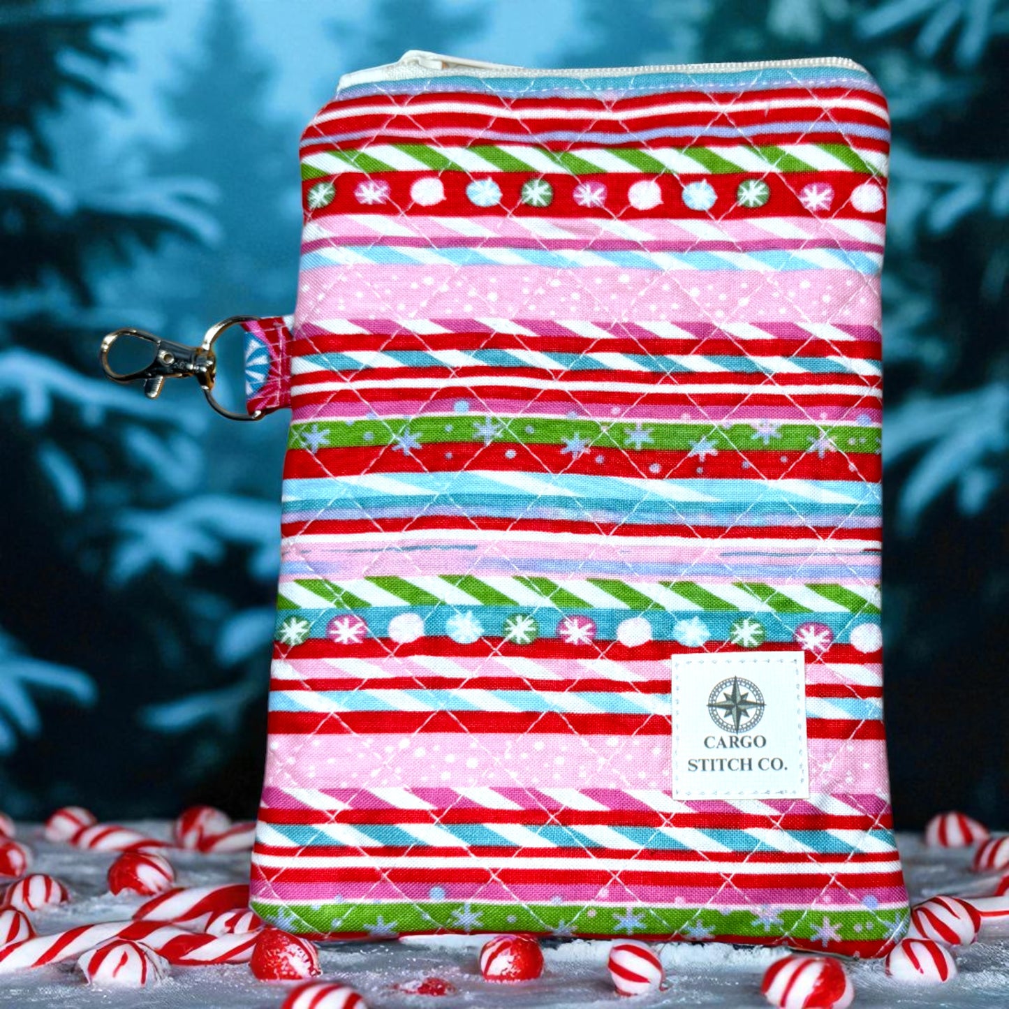 Christmas Pouch 3-Pack • Peppermint Lane Quilted Bag Bundle • Cat, Candy Cane, and Gingerbread Zipper Pouches with Pocket & Clip • Cargo Stitch Co